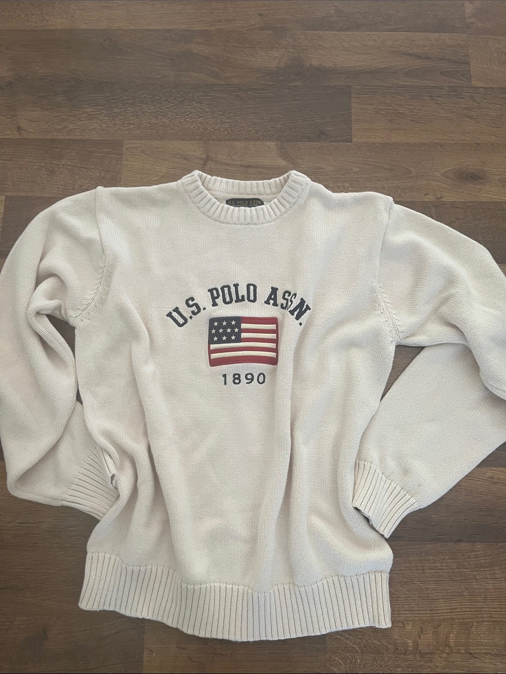 U.S. Polo American Flag Crewneck Sweater Cream Size Large